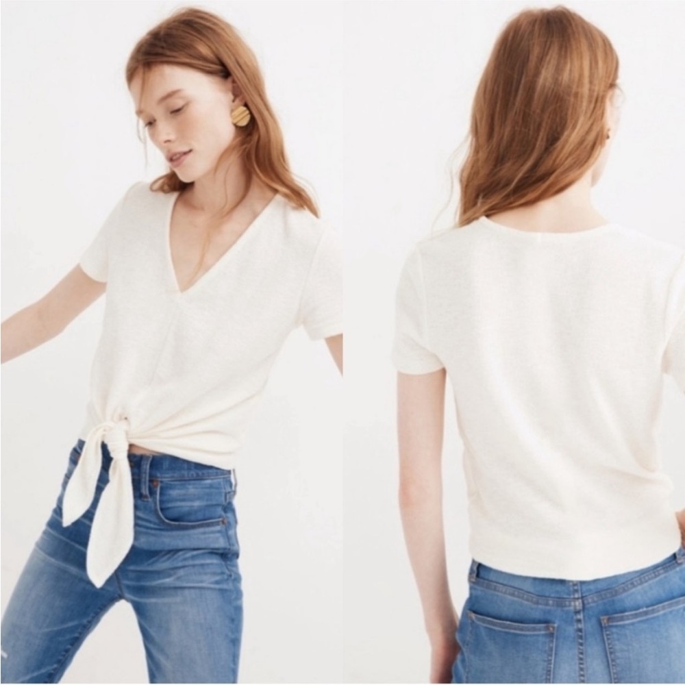 Madewell Texture & Thread Top Women Small White V Neck Short Sleeve Tie Front